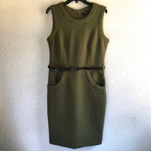 OLIVE GREEN sheath dress, scoop neck, sleeveless.